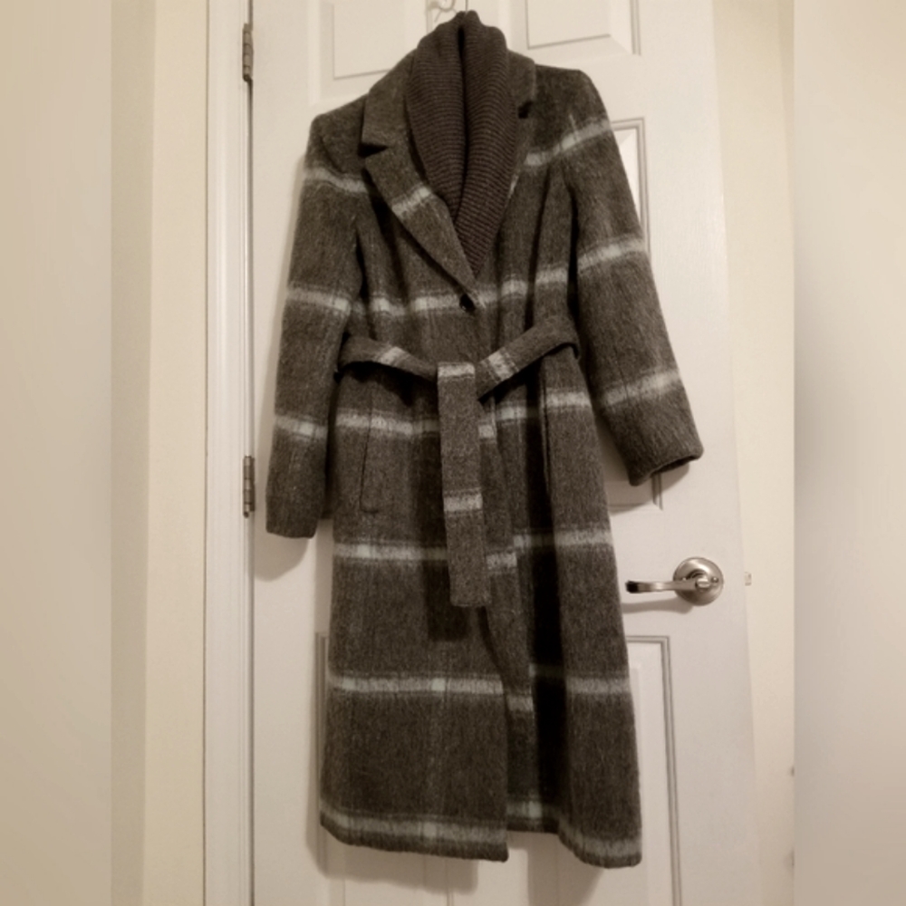 DKNY Women's Knit-Collar Belted Wrap Coat Charcoal Grey Wool - Picture 4 of 9